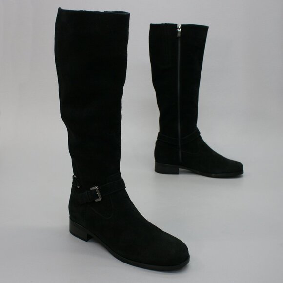 La Canadienne Ladies 7 Black Nubuck Suede Side-zip Tall Buckle Strap Boots 36164 - Picture 1 of 12